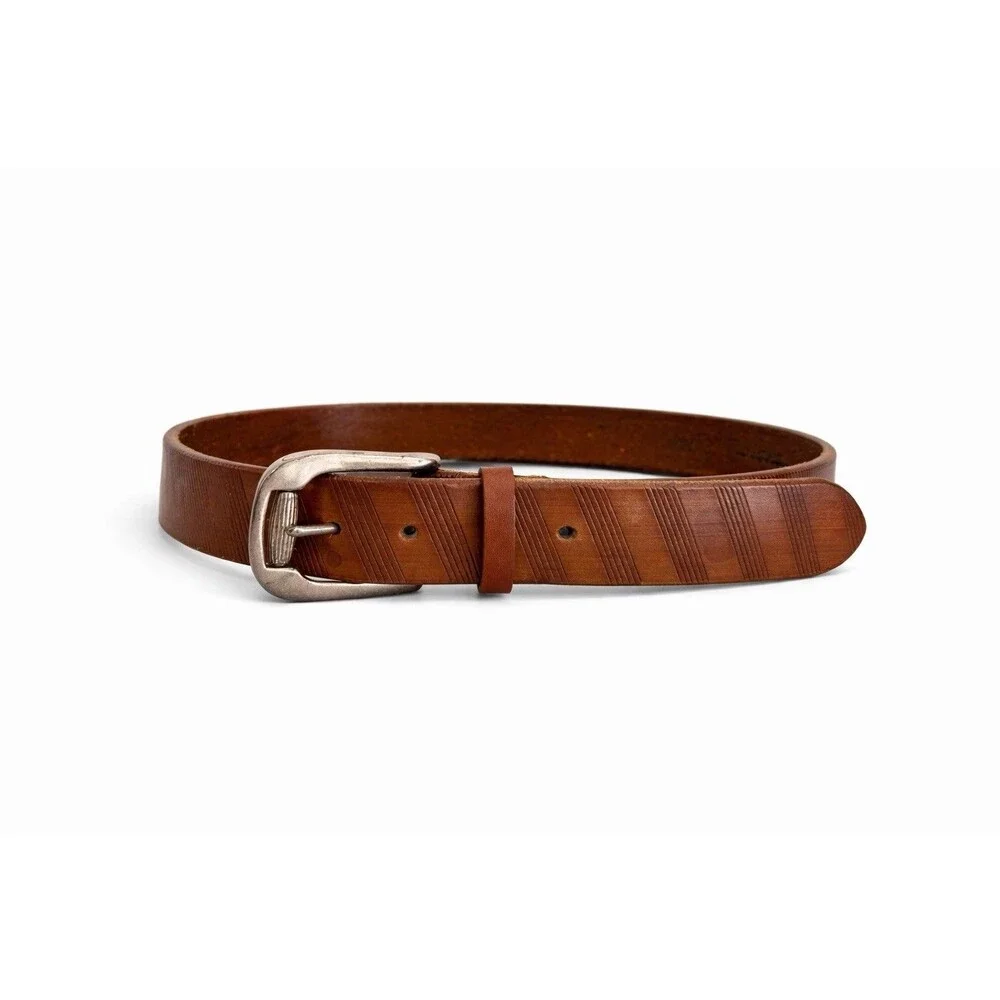 Torino Men’s Brown Genuine Leather Belt Size 32 Embossed Stripe Silver Buckle
